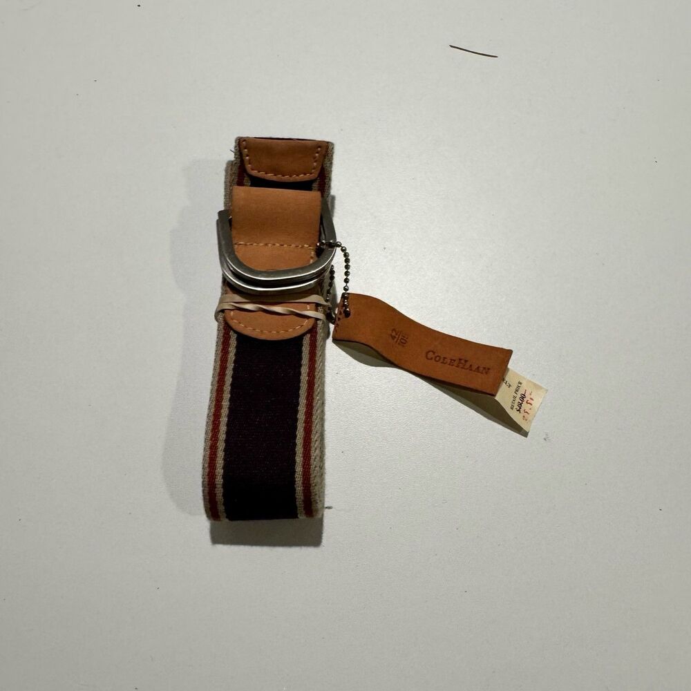 Cole Haan Men's D-Ring Web Belt Striped Canvas Leather Trim 42